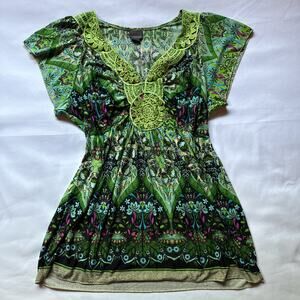 Y2K Covington Green Short Sleeve Boho Fairy Blouse Womens XL